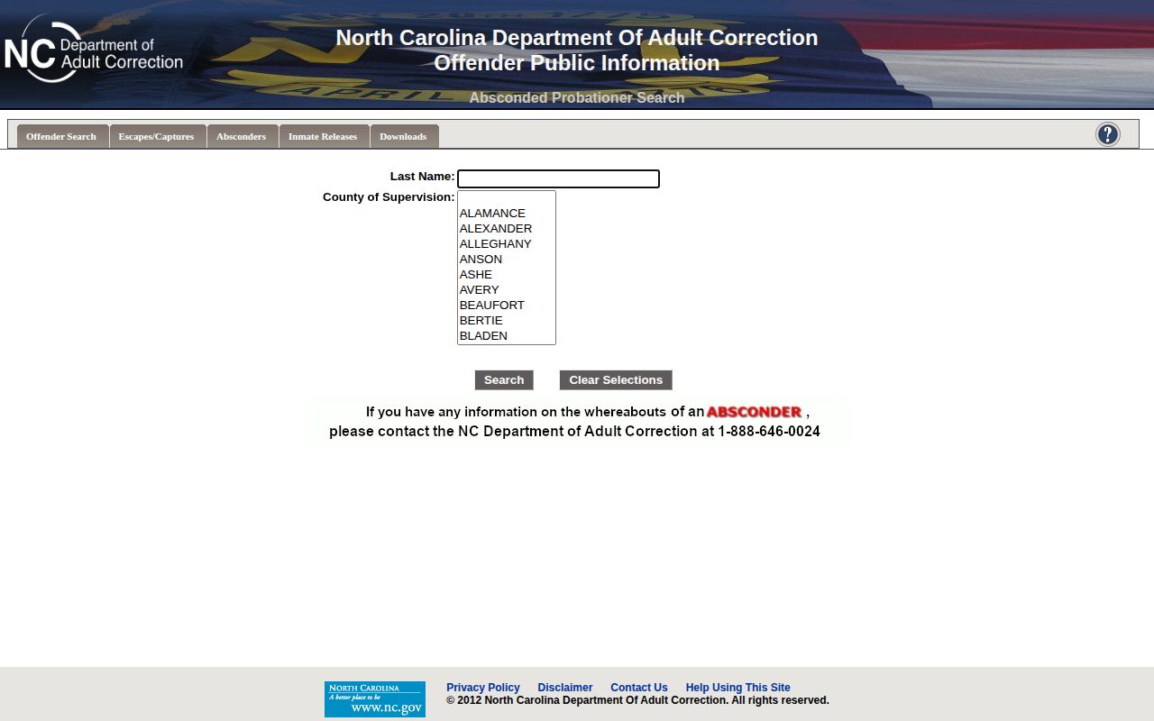 North Carolina Department of Adult Correction absconder search interface