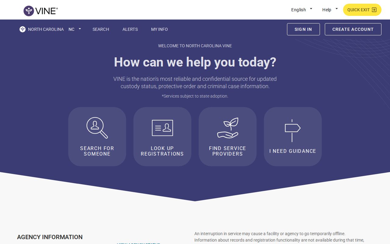 North Carolina VINELink search interface for custody information